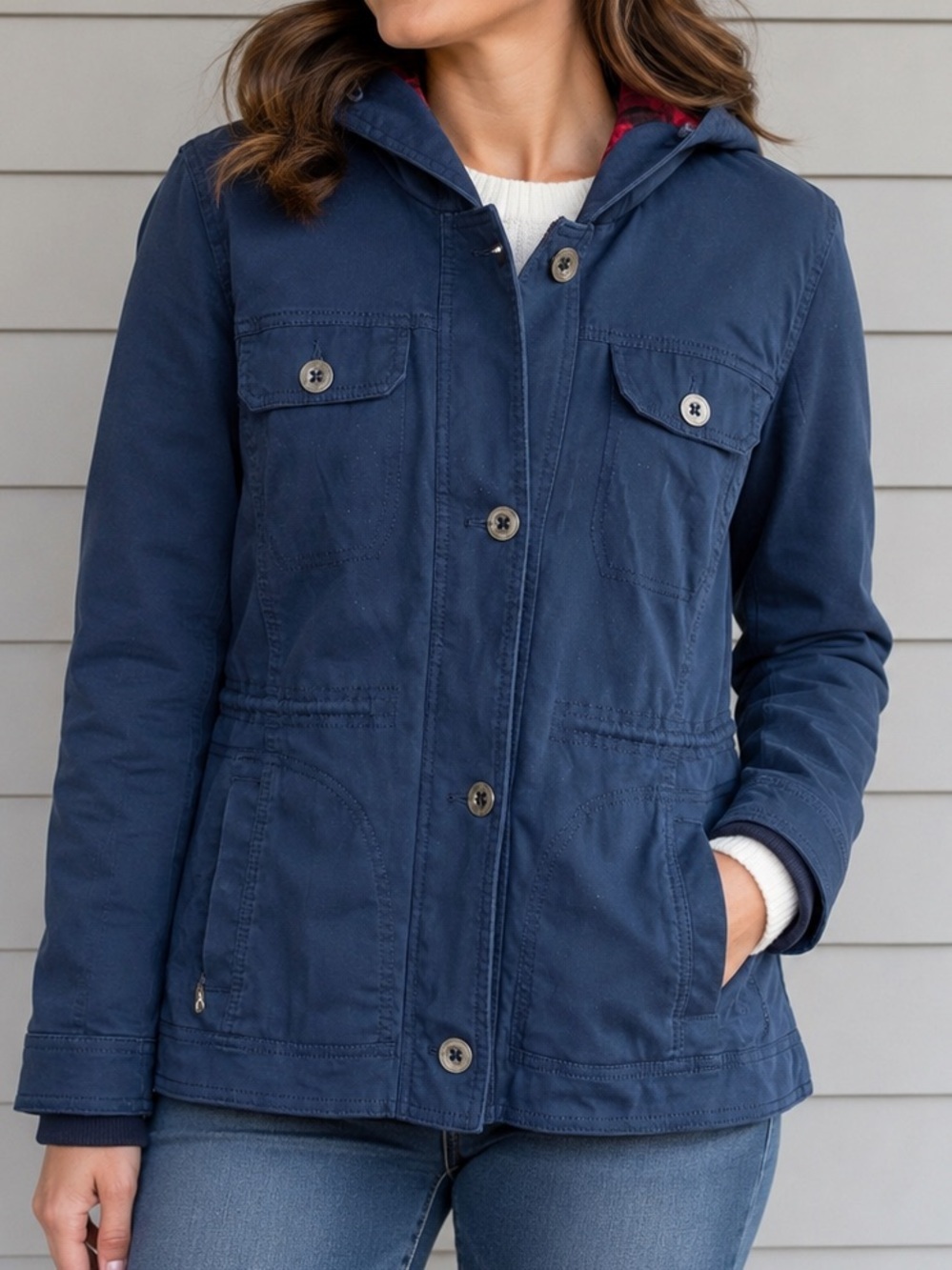 Hollister Heritage Collection Navy Hooded Utility Jacket Plaid Lined Size Small